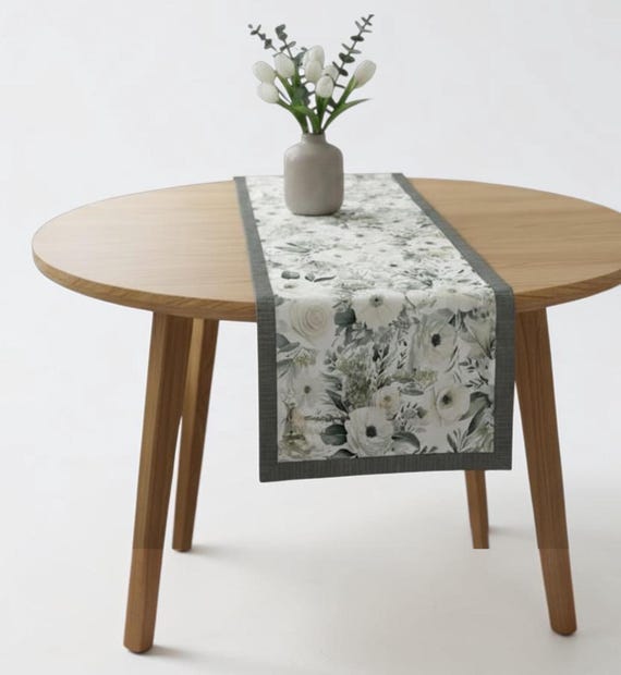 Green Floral Anemone table runner, Scandinavian cotton fabric, 13in x 51in // 34cm*130cm