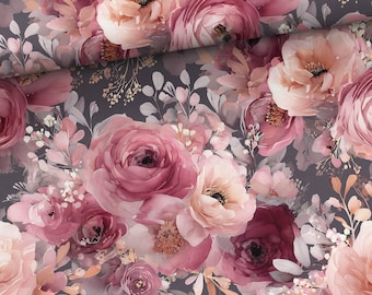 May include: Fabric featuring a floral design with watercolour roses in pink, peach, and burgundy hues. The flowers are set against a dark grey backdrop, with delicate leaf and stem details.