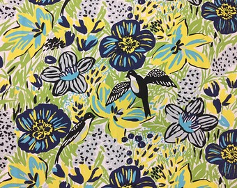 Scandinavian Cotton fabric Bird Floral Fabric Home decor fabric Yellow Green Blue