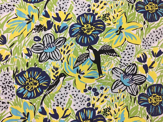Scandinavian Cotton fabric Birds Floral Fabric yellow Green Blue