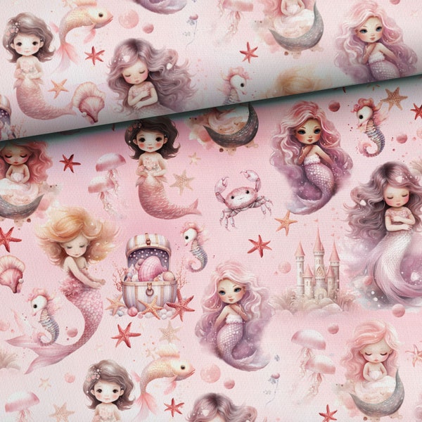 Pink mermaids, Cotton fabric for sewing and quilting 155 cm wide