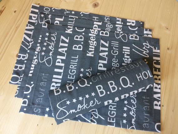 Placemats or Napkins - Cotton fabric Grill BBQ Gray Gift