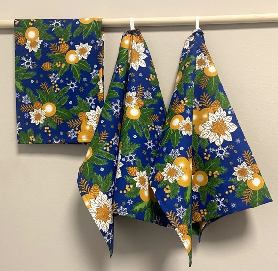 Cotton Kitchen Towel Tea Towel Dish Towel - Scandinavian Cotton fabric Christmas Ornaments Royal Blue