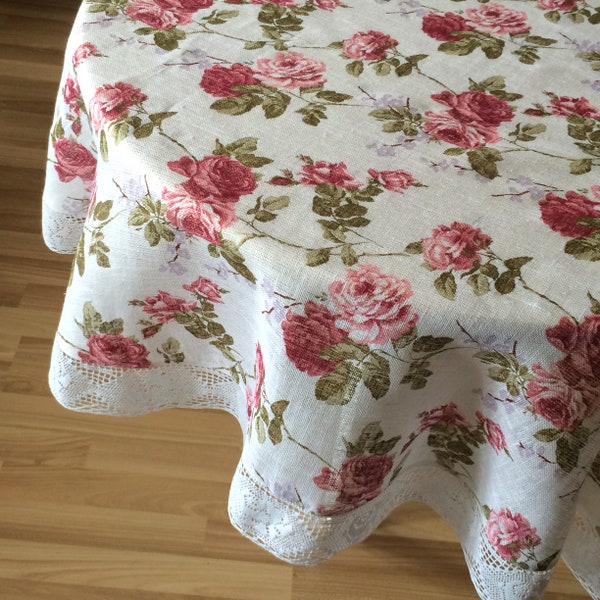 Nappe ronde en lin avec dentelle Shabby Chic roses - Aspect toile de jute - Ronde 153 cm / 60 pouces