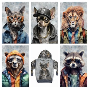 Hipster Tiere Panel French Terry Baumwolle Strickstoff für Hoodie Pullover Sweatshirt