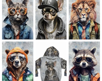 Hipster Tiere Panel French Terry Baumwolle Strickstoff für Hoodie Pullover Sweatshirt