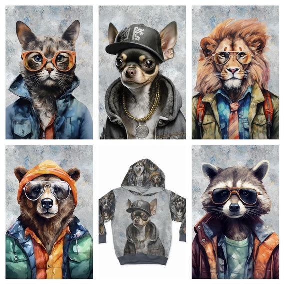 Hipster Animals Panel French Terry Cotton knitwear fabric for Hoodie Pullover Sweatshirt