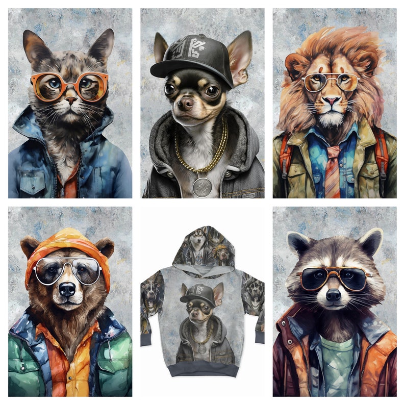 May include: A collection of animal portraits and a hoodie featuring a chihuahua wearing a cap, gold chain, and jacket. The portraits include a cat, chihuahua, lion, bear, and raccoon, all in stylish attire and eyewear. The hoodie has a gray background.
