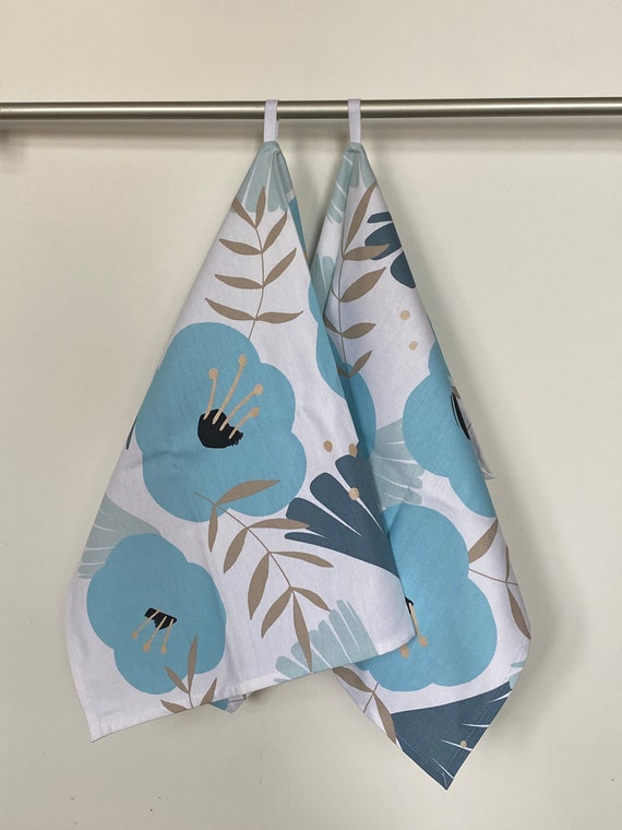 Kitchen Towel Tea Towel  Dish Towel - Scandinavian Cotton fabric Blue floral - 48cm x 70cm / 19''x 27''