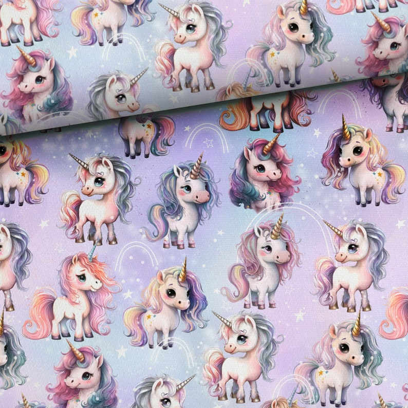 May include: A seamless pattern featuring a repeating design of colorful unicorns with rainbow manes and tails on a light purple background with white stars.