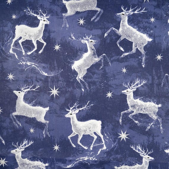 Cotton fabric Christmas Reindeer, printed 100% cotton, Navy blue