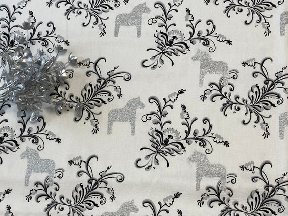 Christmas tablecloth Silver Dala horses on white background, Custom tablecloth