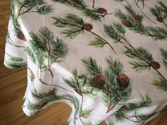 Cotton Tablecloth Table Linen Table top  - Pine Cones Green - Round Oval Square tablecloth