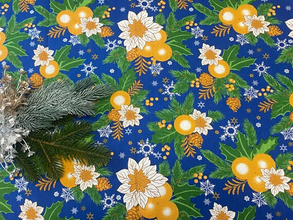 Christmas cotton canvas fabric by the yard, Christmas Tree Ornaments - Royal Blue - 150 cm (59'') wide