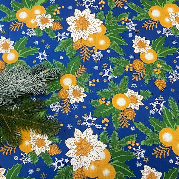 Christmas cotton canvas fabric by the yard, Christmas Tree Ornaments - Royal Blue - 150 cm (59'') wide