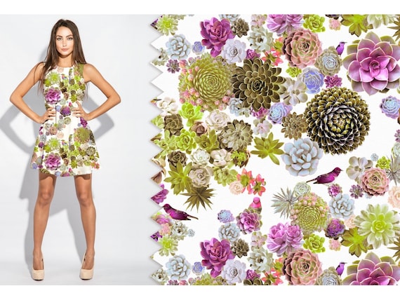 Stone washed Linen fabric Pre-washed linen fabric Birds Cactus Succulent fabric Digital Print
