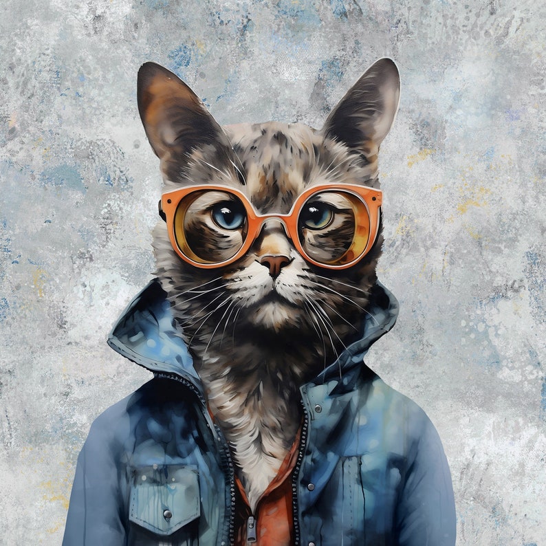 May include: A digital art print of a cat wearing orange glasses and a blue denim jacket. The cat has a serious expression and is set against a textured, gray background. The cat's fur is a mix of brown, gray, and white.