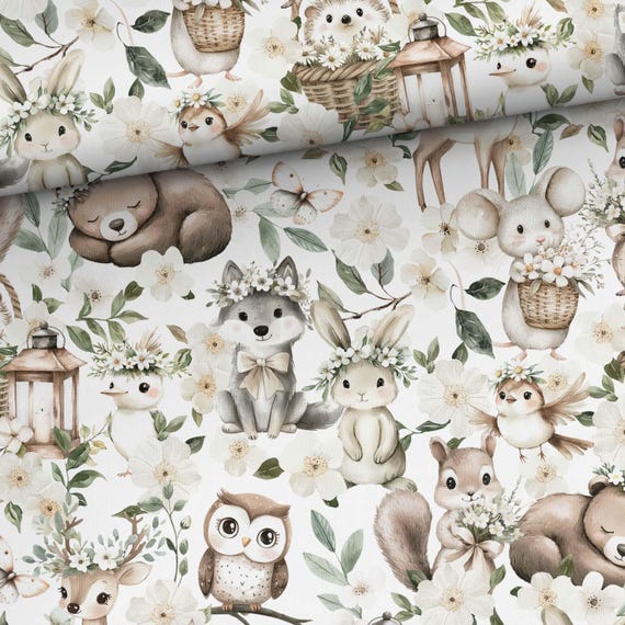 Spring Flower Grove, Cute animals, Spring Woodland cotton fabric for sewing and quilting