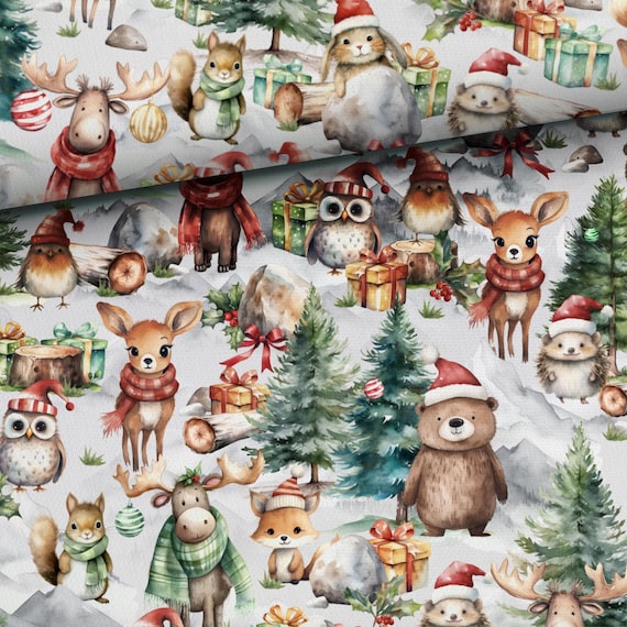 Christmas woodland baby animals Christmas forest Cotton fabric for sewing and quilting 155 cm wide