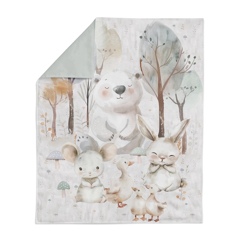 May include: A watercolor illustration of a white bear, a rabbit, a mouse, and three ducklings in a forest setting. The animals are surrounded by trees, mushrooms, and flowers. The illustration is done in soft, muted colors.