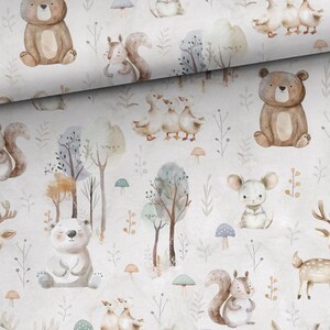 May include: A seamless pattern featuring watercolor illustrations of woodland animals, including bears, squirrels, deer, mice, and birds. The background is a light beige with a subtle watercolor texture.