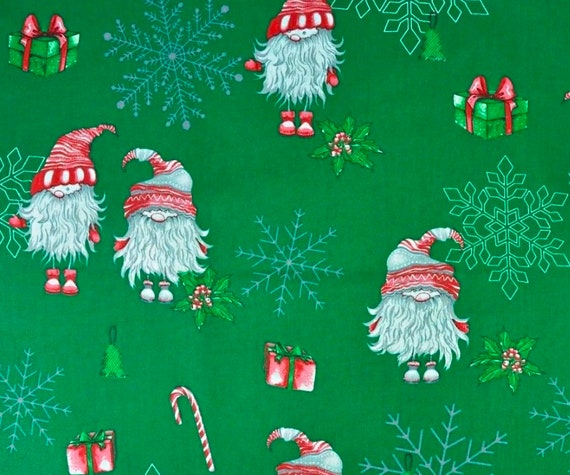 Christmas fabric Cotton fabric  Elf Gnome printed fabric Green and Red