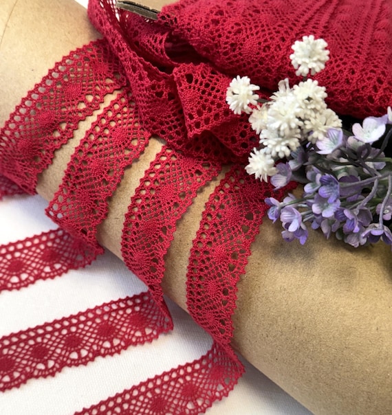 Red cotton lace trim, woven 100% cotton, 20mm/0.78 inches wide