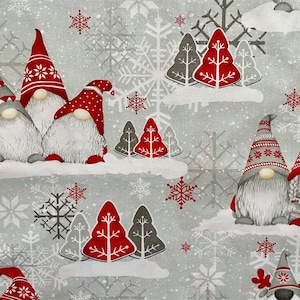 May include: A grey and white fabric with a repeating pattern of red and white gnomes, snowflakes, and Christmas trees. The gnomes are wearing red hats and have white beards. The snowflakes are white and the Christmas trees are red and green.