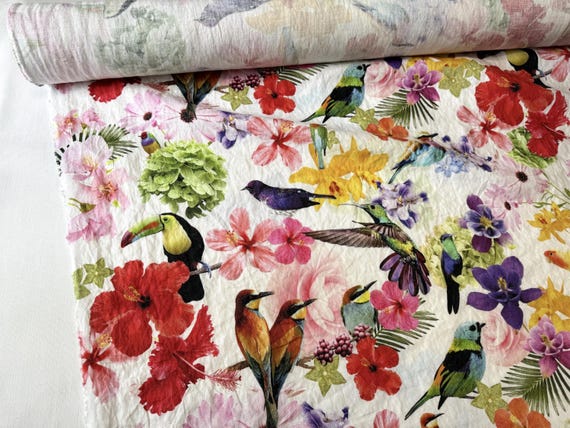 Tropical Birds Linen Fabric, Floral Print, Softened Wash, By The Yard