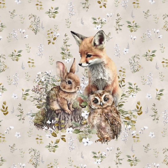 Panel Forest animals French Terry Cotton knitwear fabric panel