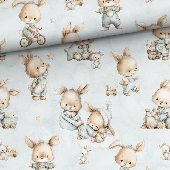 Bunny Blue Nursery 100% cotton fabric for sewing and quilting