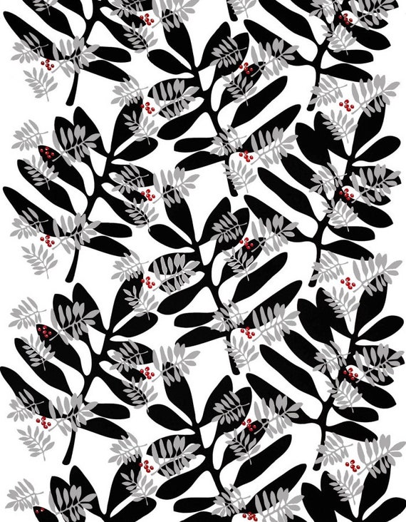 Cotton Tablecloth - Scandinavian cotton fabric Black/Silver/Red - Red berries Leaves