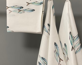 Handmade Blue Fish Print Kitchen Towel: Scandinavian Cotton Dish Towel