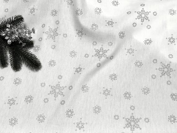 Christmas Tablecloth Silver Snowflakes Round Oval Square Cotton canvas fabric tablecloth