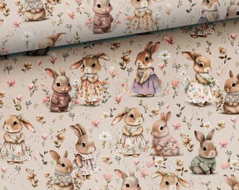 Baby Bunny fabric Easter Rabbits with flowers knitwear French Terry fabric by the yard 168cm/66'' wide