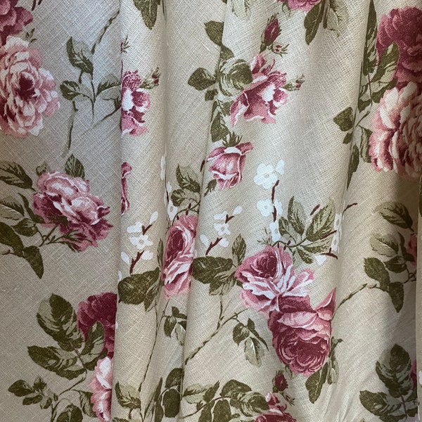 Tissu en lin | roses shabby chic | Tissu rose | Tissu en lin imprimé | 100 % lin | Tissu en lin fleuri