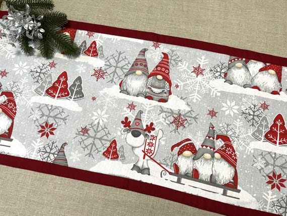 Gnome Christmas Table Runner, Double Sided Cotton, Holiday Decor