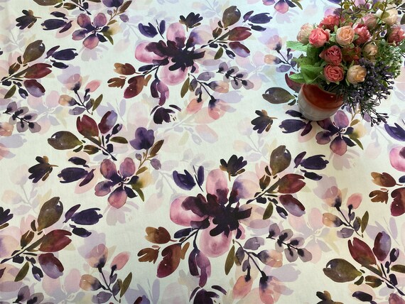 Purple Floral Tablecloth Watercolour flowers Scandinavian cotton fabric Table linens Rectangle 220*145cm/ 86''x57''