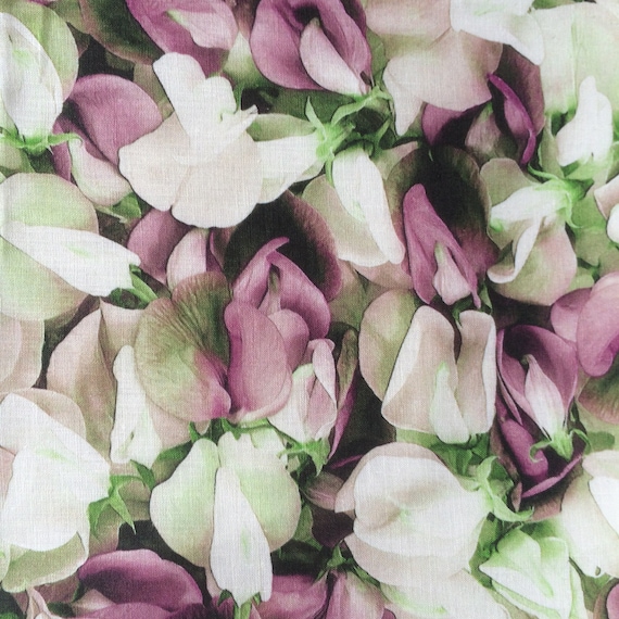 Linen Fabric Floral Sweet pea Purple White -  Pure linen - 57 inches (145 cm) wide  - By the Yard/Meter