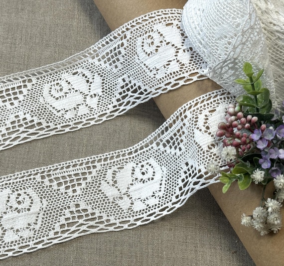 White Cotton lace trim Roses Floral Cluny lace 2.65" (70mm) wide
