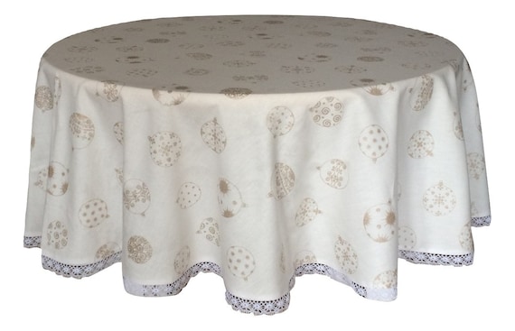 Round Tablecloth with Lace Christmas Tree Ornaments - Offwhite/ Gold