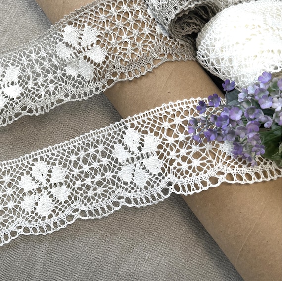 LINEN Lace Trim Floral 100% LINEN - 2.75" (70 mm) wide