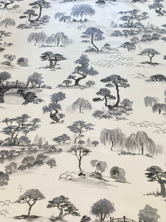 Cotton sateen fabric Landscape Floral & Trees Black/White/Gray 90cm x 150cm Remnant