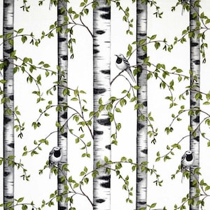 Scandinavian cotton  fabric Birds Birch White background   - 100% Cotton fabric