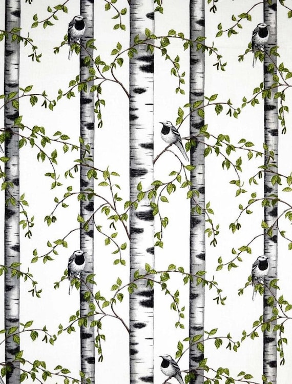 Scandinavian cotton  fabric Birds Birch White background   - 100% Cotton fabric