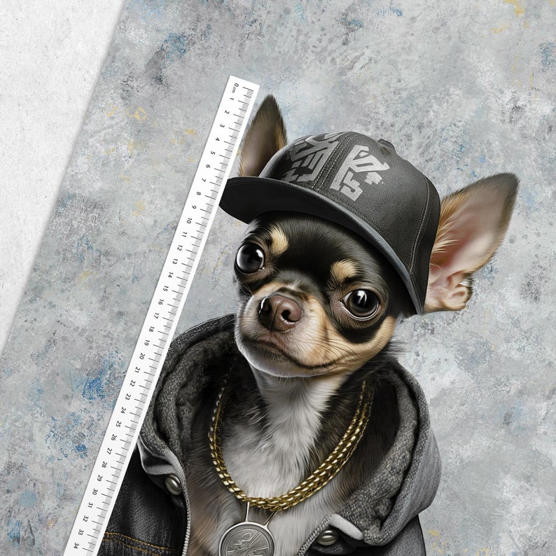 May include: A digitally rendered chihuahua wearing a black baseball cap, a gray hoodie, and a gold chain with a pendant. The dog has black and brown fur and is positioned in front of a gray and white textured background. A ruler is in the image.