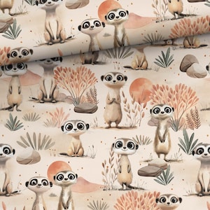 May include: A repeating pattern of cartoon meerkats in various poses, set against a beige background with stylized desert elements. The meerkats have large, expressive eyes and are surrounded by plants, rocks, and suns.