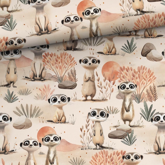 Meerkats Suricate Beige fabric Animals, Cotton fabric for sewing and quilting