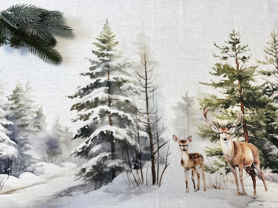 Linen Tablecloth Winter Woodland animals Deer 135cm x 175 cm//53in x 69in