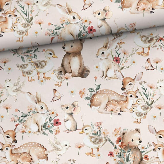 Spring flowers cotton fabric, Cute animals cotton fabric for sewing and quilting